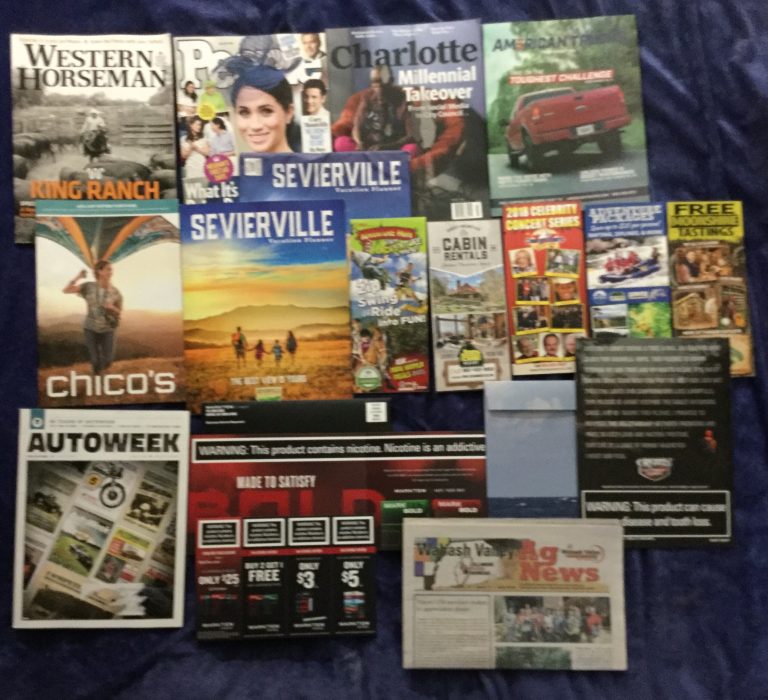 📬 07-20-18 FREE mail 🏇 Western Horseman 👪 People🏡 Charlotte 🚛 American Trucks 👗 Chico’s 🗺 Sevierville Vacation planner 🚗 Autoweek 🚭 MarkTen coupons  🚬 Pursuit book from GRIZZLE Outdoor Corps 🌽 Wabash Valley Ag News 📚