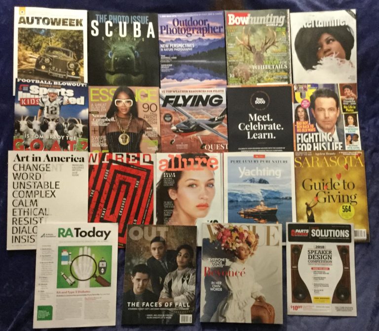📬 08-27-2018 FREE mail🚘 Auto Week   🏊 Scuba Diving 📸 Outdoor Photographer 🏹 Bow Hunting 🎶 Entertainment weekly  🐐 🏈 Sports Illustrated Kids  👓 Essence 🛩 Flying 📰 Inc. 👪 US weekly 🎨 Art in America 🔌 Wired 👙 Allure ⛵ Yachting 🗺 Sarasota 💉 RA Today 📽 OUT 👒 Vogue 📻 Parts Express 📚