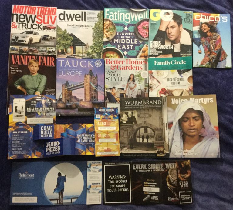 📬 08-31-2018 🏎 Motor Trend 🏰 Dwell 🍖 Eating Well 👷 GQ 👗 Chico’s 👙 Vanity Fair 🌉 TAUCK Europe travel guide 👪 Better Homes & Gardens 🍞 Family Circle 🐪 Camel coupons ⛪Rembrand🎌 The Voice Martyrs 🚬 Parliament coupons 🚭 Copenhagen coupons 📚