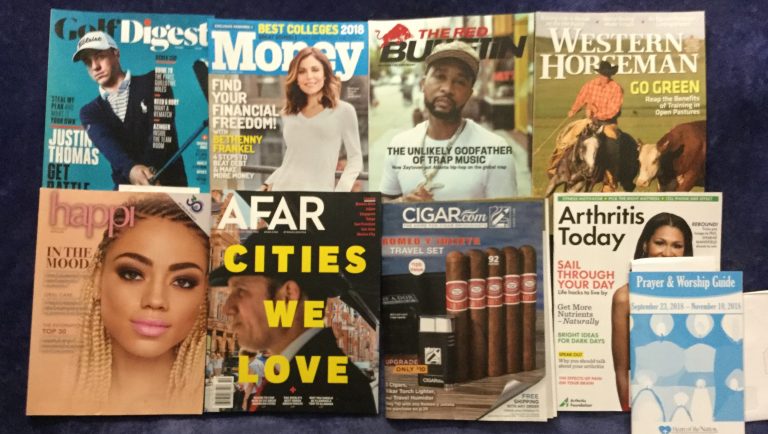 📬 08-17-18 FREE mail 🏌 Golf Digest 💰 Money 🏮 The Red Bulletin 🏇 Western Horseman 🙆 Happi 🗺 Afar 🚬 CIGAR .com 💊 Arthritis Today ⛪ Heart of the Nation Prayer and Worship guide 📚