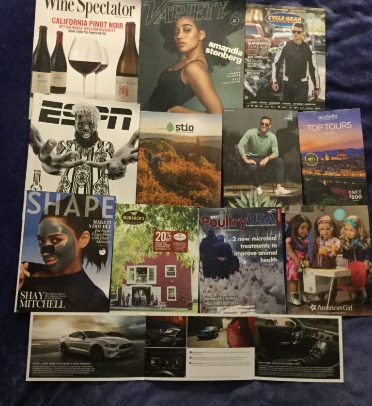 📬 09-04-2018 FREE mail 🍷Wine Spectator 💇 Variety 🏍 Cycle Gear 🏀 ESPN  🎽Stio 👕 Johnnie-o 🌎 Collette Top Tours 2019-2020 👙 Shape 🐎 Murdoch’s 🐔 WATT Poultry USA 👧👬 America Girl 🏎 Ford Mustang buyers guide from Ford Motor Company 📚