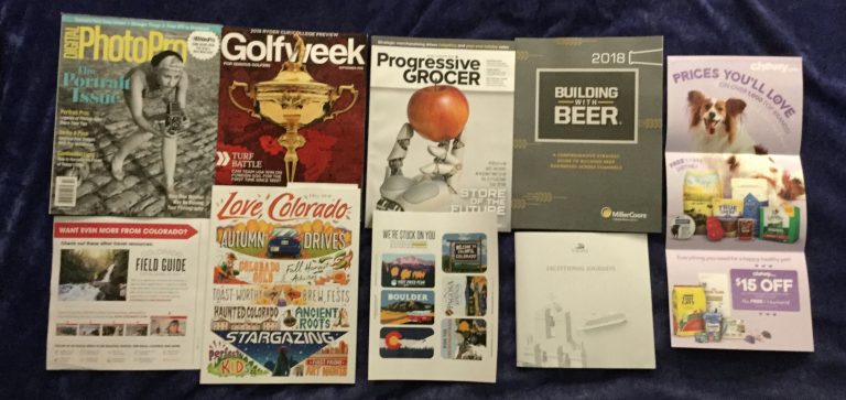 📬 09-06-2018 FREE mail 📹 Digital Photo Pro 🏆🏌 Golf Week 🍎 Progressive Grocer with 🍺 2018 Building with BEER 🐕 Chewy .com gift card 🗺 Love Colorado travel guide and stickers 🛥 Viking travel guide 📚