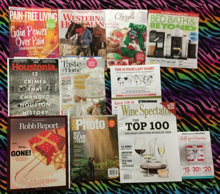 📬 11-26-2018 FREE mail 💊 Pain-Free Living  🏇 Western Horseman 🍪 Cheryl’s Cookies 🛏 Bed Bath & Beyond 😸 Houstonia 🎂 Taste of Home 🎁 Robb Report 📸 Digital Photo 🍷Wine Spectator 🏢 Office Depot Office Max 📚