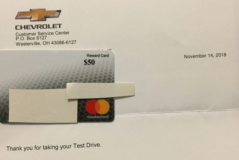 Free Gift Card for test driving Chevy Car