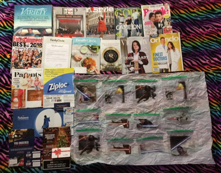 📬 12-08-2018 FREE mail 📽 Variety 🃏 E & P 👗 In Style 🏌 Golf 👪 People 📺 Entertainment Weekly 🎢 Family Fun no longer published 🍝 Family Circle 🕔 Maximum 🍪 Believer’s Voice of Victory 🗺 Orlando 👫 Parents with coupon. And LOTS of Ziploc Disney Frozen and Star Wars bags 🚬 Parliament and Pall Mall coupons 🎄 🚒 Red Seal coupons  📚