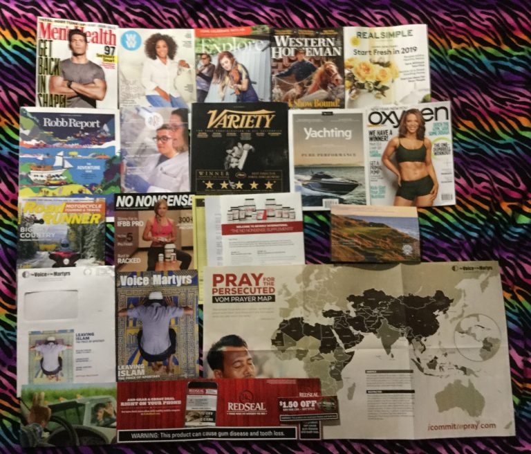 📬 12-24-2018 FREE mail 🎅 Men’s Health 💰 WW 🎻 Explore The NorthShore 🏇 Western Horseman 📯 Real Simple 🏰 Robb Report Arthritis National Research Foundation  🎄 Variety ⛵ Yachting 👙Oxygen 🏍 Road Runner 💊🏋 No Nonsense – Beverly International ⛳ Whistling Straits 🙏 The Voice of the Martyrs 🚭 Red Seal coupon 📚