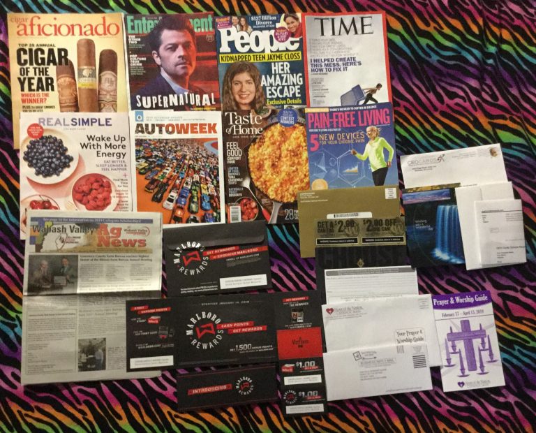 📬 01-19-2019 FREE mail 🚬 Cigar aficionado 📽 Entertainment weekly 👪 People 🕰 TIME 🍓 Real Simple 🏎 Autoweek 🍳 Taste of Home 💊 Pain-Free Living 🌽 Wabash Valley Ag News 🚬 Marlboro coupons 🚭 Copenhagen coupons 💳 CEO Cards sample 🎴 ⛪Heart of the Nation Catholic Mass Prayer & Worship Guide 📚