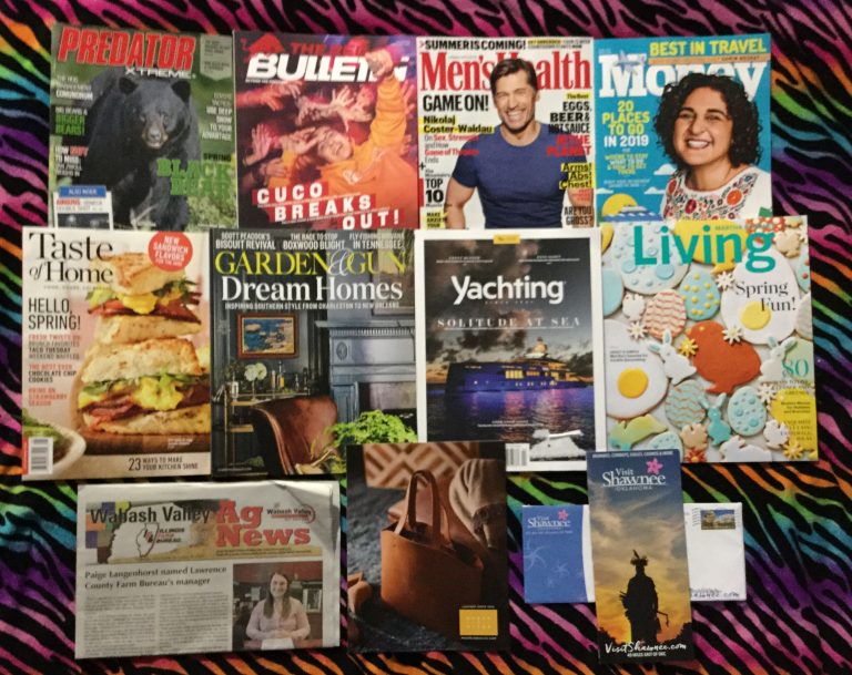 📬 03-16-2019 FREE Mail🐻 Predator Extreme  🎤The Red Bulletin 🏋 Men’s Health 💸Money 🍖 Taste of Home 🔫 Garden & Gun🚢 Yachting  🍪🐰Martha Stewart Living 🌽 Wabash Valley Ag News🛄 Moore & Giles🗺 Visit Shawnee Oklahoma Travel guide  📚