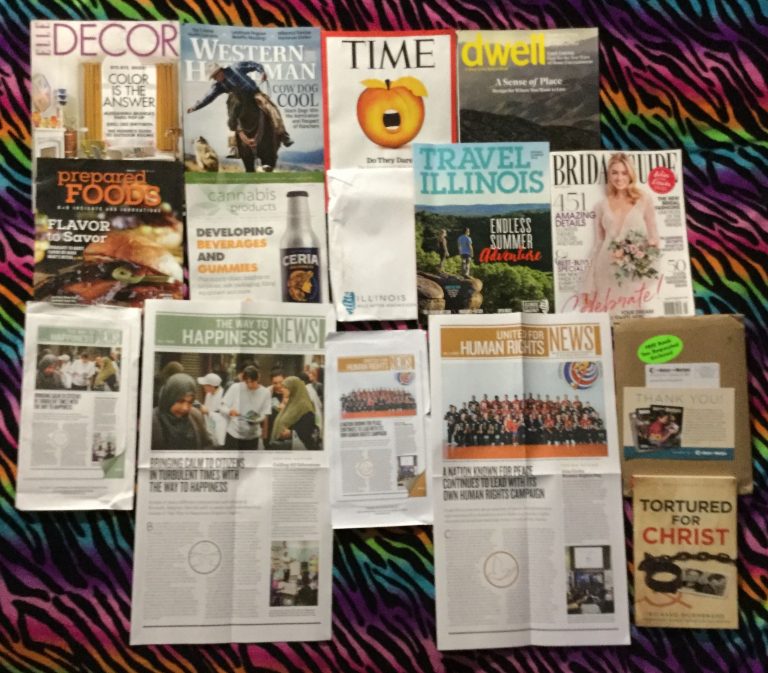 📬03-18-2019 FREE mail 🛋 Elle Decor 🏇Western Horseman ⏳Time 🏡Dwell 🍔Prepared Foods 🍶Cannabis Products 🏔Travel Illinois 👰 Bridal Guide 😇 The Way to Happiness News letter 👪 United for Human Rights newsletter ⛪Tortured for Christ book from The Voice of the Martyrs 📚