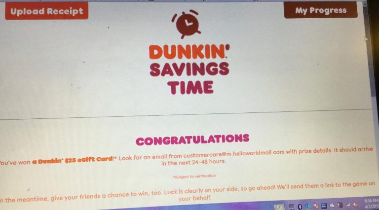 Dunkin’ Donuts Dunkin’ Savings Time Instant Win Game Win