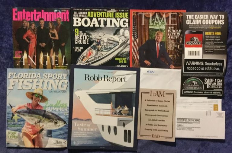 📬06-24-2019 FREE mail 📽 Entertainment weekly 🚤 Boating ⏳ Time 🚭 Grizzly coupons 🎣 Florida Sport Fishing 💰 Robb Report ⛪ CBN – i Am Dad sticker 📚