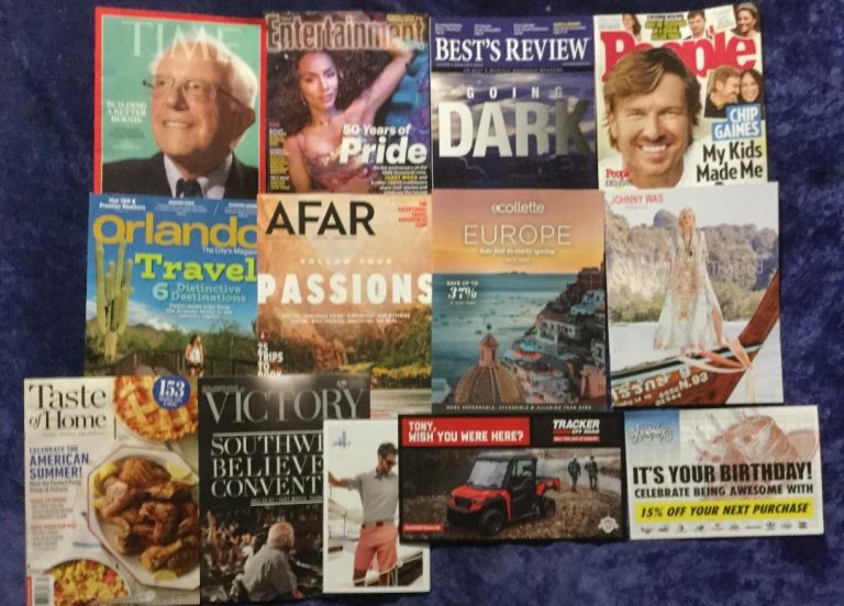 📬 06-08-2019 FREE Mail  ⏳ Time 📽 Entertainment weekly🏆 Best’s Review  👪People 🌵 Orlando 🏔 Afar 🌄 Europe by Collette  👗 Johnny Was🍗 Taste of Home  ⛪ Believer’s Voice of Victory 👕 Johnnie-O 🛣 Tracker Off Road 🎴 Birthday gift card from Journeys  📚