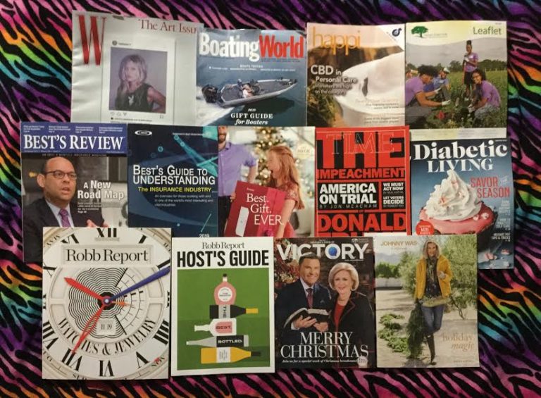 📬11-12-2019 FREE mail 🎨 W Art in America 🛥 Boating World 🙂 Happi 🎄 Trees Forever 🏆 Best’s Review 🤑 Best’s Guide to Understanding The Insurance Industry 👧 American Girl ⏳ Time 🎂 Diabetic Living  ⏰ Robb Report 🍷 Robb Report Host’s Guide ⛪Believer’s Voice of Victory 🎽Johnny Was 📚