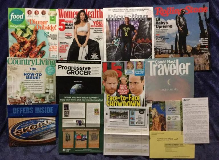 📬 8-1-2020 FREE mail 🍗 Food Network👙  Women’s Health   🚴 Bicycling 💎 Rolling Stone 🐕 Country Living 🏪 Proressive Grocer 👪 US weekly 🌜Conde’ Nast Traveler 🚭 Skoal coupons🌲Sierra Club 📚