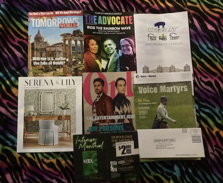 📬 1-28-2023 Free Mail 🌎 Tomorrows World 👪 The Advocate 🐖 Hog Slat 💺 Serena Lily 🕴 Out 🚶 The Voice of the Martyrs 🚬 Kool coupon📚