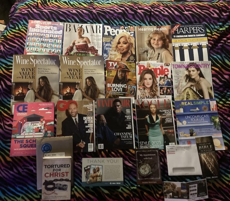 📬 1-27-2023 Free mail 🏅 Sports Illustrated👗 Harper’s Bazaar 💍 People 👂 Hearing Health 🗽 Harper’s 🍷 Wine Spectators 📺 TV guide 👪 People 📿 Town & Country 🏋 CE 🕴 GQ 👖 Vanity Fair 👙 Vogue 😋 Real Simple ⛪ Tortured For Christ book from The Voice of the Martyrs ⌚ My Appointment with God book from Andrew Wommack Ministries 📚
