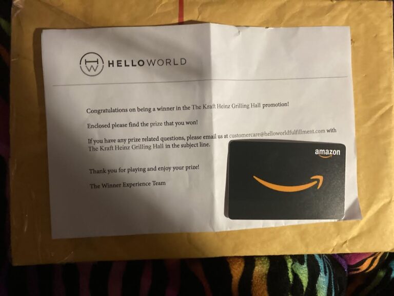 Amazon.com gift card winner from  Kraft  Heinz Grilling Hall promotion