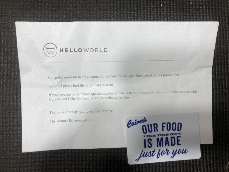 Winner in the  Culver’s and   Coke  Summer of Smiles promotion